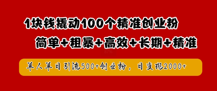 1块钱撬动100个精准创业粉，简单粗暴高效长期精准，单人单日引流500+创业粉，日变现2k