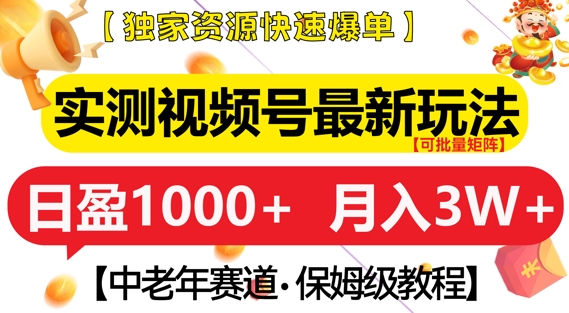 实测视频号最新玩法，中老年赛道，独家资源，月入过W+